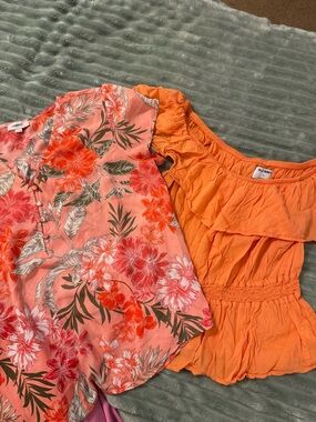 Old Navy Coral Floral Top & Orange Off-Shoulder Blouse
